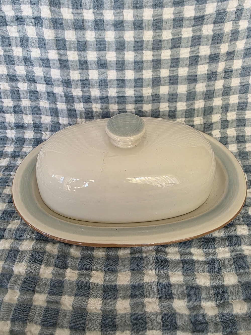 Handcrafted Ceramic Covered Butter Dish in Cream and Light Blue